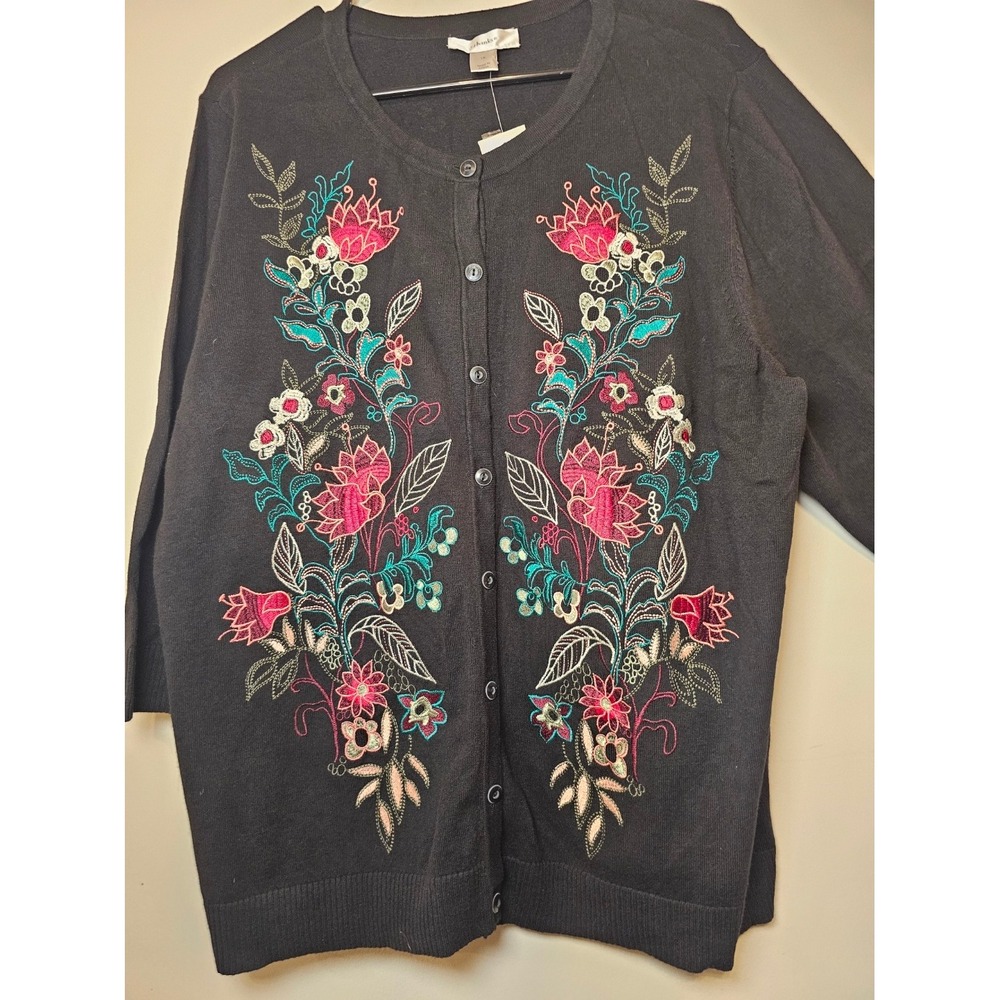 CJ Banks Black Floral Embroidered Button Front Cardigan Sweater 1X NWT - Picture 3 of 9